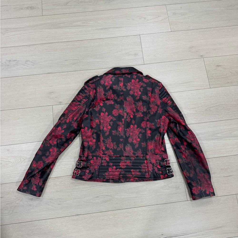 Lord & Taylor 424 Fifth Red Rose Black Leather Moto Biker Jacket - Picture 7 of 10